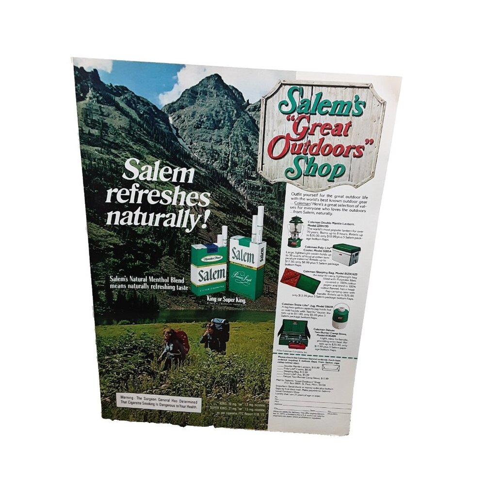 1973 Salem Cigarettes Great Outdoors Shop Original Print Ad